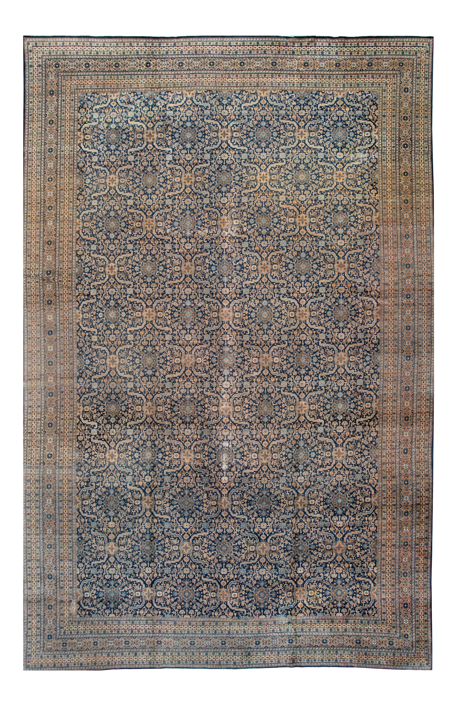 Antique Persian Tabriz Rug Early 20th Century Wool 12' x 19': Antique Persian Tabriz Rug Early 20th Century Wool 12' x 19' Discover the elegance of this early 20th century antique Persian Tabriz rug, featuring a captivating geometric design in a harmonious blue 