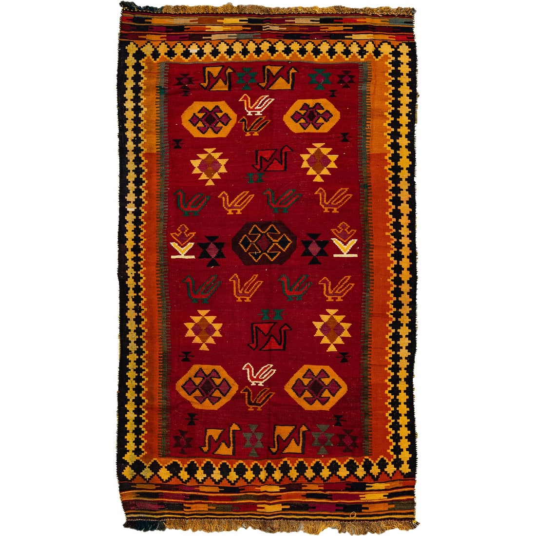 Vintage Handmade Kilim Wool Runner Red Geometric Design 4'9 X 8'5: Vintage Handmade Kilim Wool Runner Red Geometric Design 4'9 X 8'5 Enhance your space with this stunning vintage Kilim handmade wool runner, featuring a vibrant red field adorned with an intricate all-