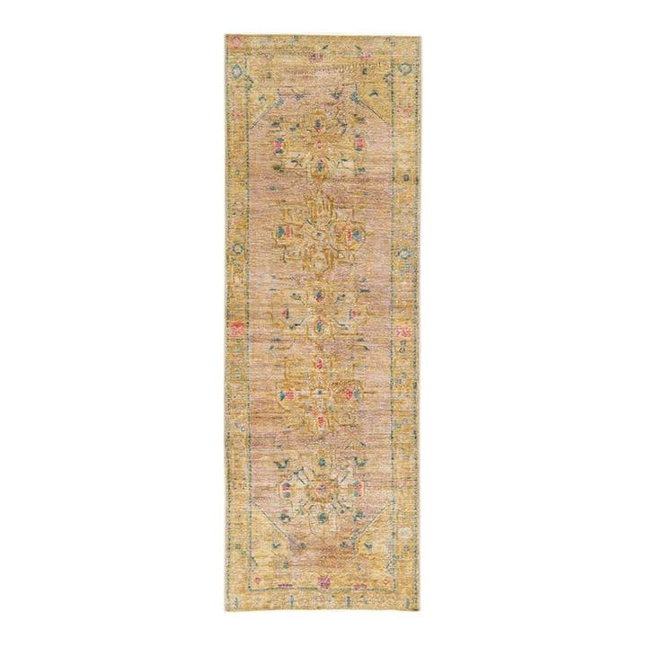 Vintage Hand-Knotted Floral Wool Runner 3'4 x 10'0 Tan: Vintage Hand-Knotted Floral Wool Runner 3'4 x 10'0 Tan Enhance your home decor with this stunning Vintage Floral hand-knotted wool runner. Featuring a tan field adorned with a distressed geometric flo