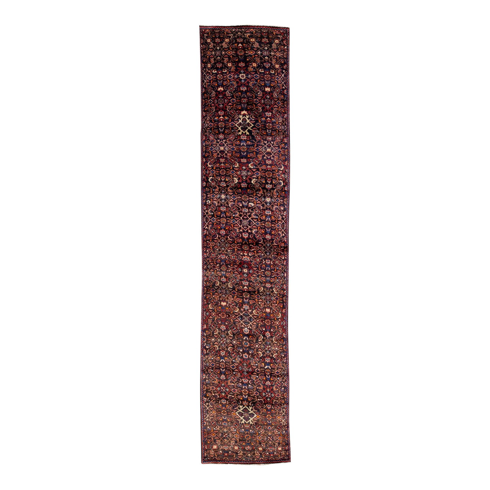 Vintage Persian Hamadan Wool Runner 2'6 x 13'10 Navy Blue Handmade: Vintage Persian Hamadan Wool Runner 2'6 x 13'10 Navy Blue Handmade Enhance your space with this exquisite vintage Persian Hamadan runner, meticulously hand-knotted from high-quality wool. Featuring a 