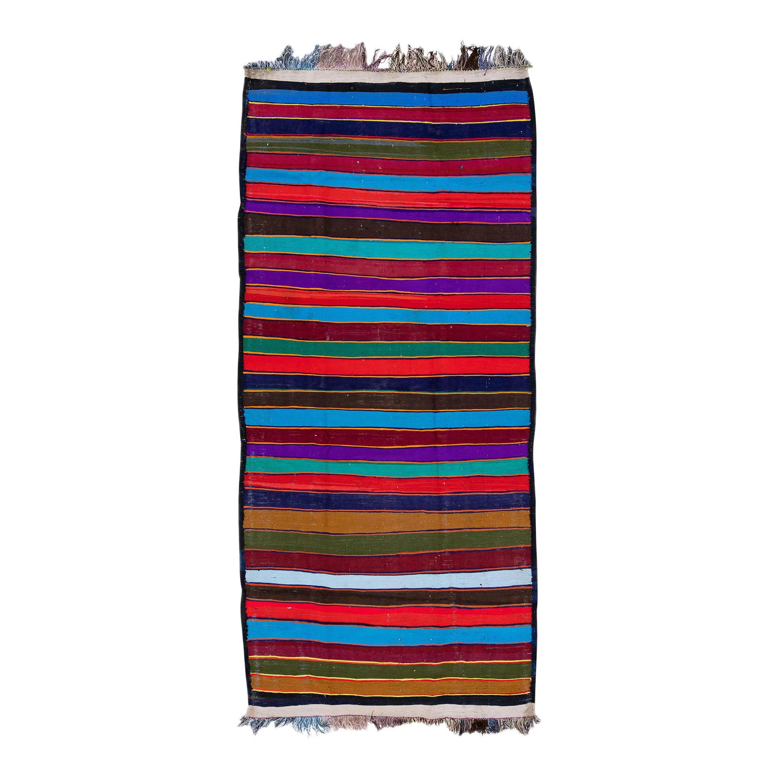 1960s Vintage Turkish Kilim Handmade Wool Rug Red Multicolor Stripes 4'2 x 9'2: 1960s Vintage Turkish Kilim Handmade Wool Rug Red Multicolor Stripes 4'2 x 9'2 This exquisite vintage Turkish Kilim rug is a stunning example of hand-knotted craftsmanship, showcasing a vibrant red fi
