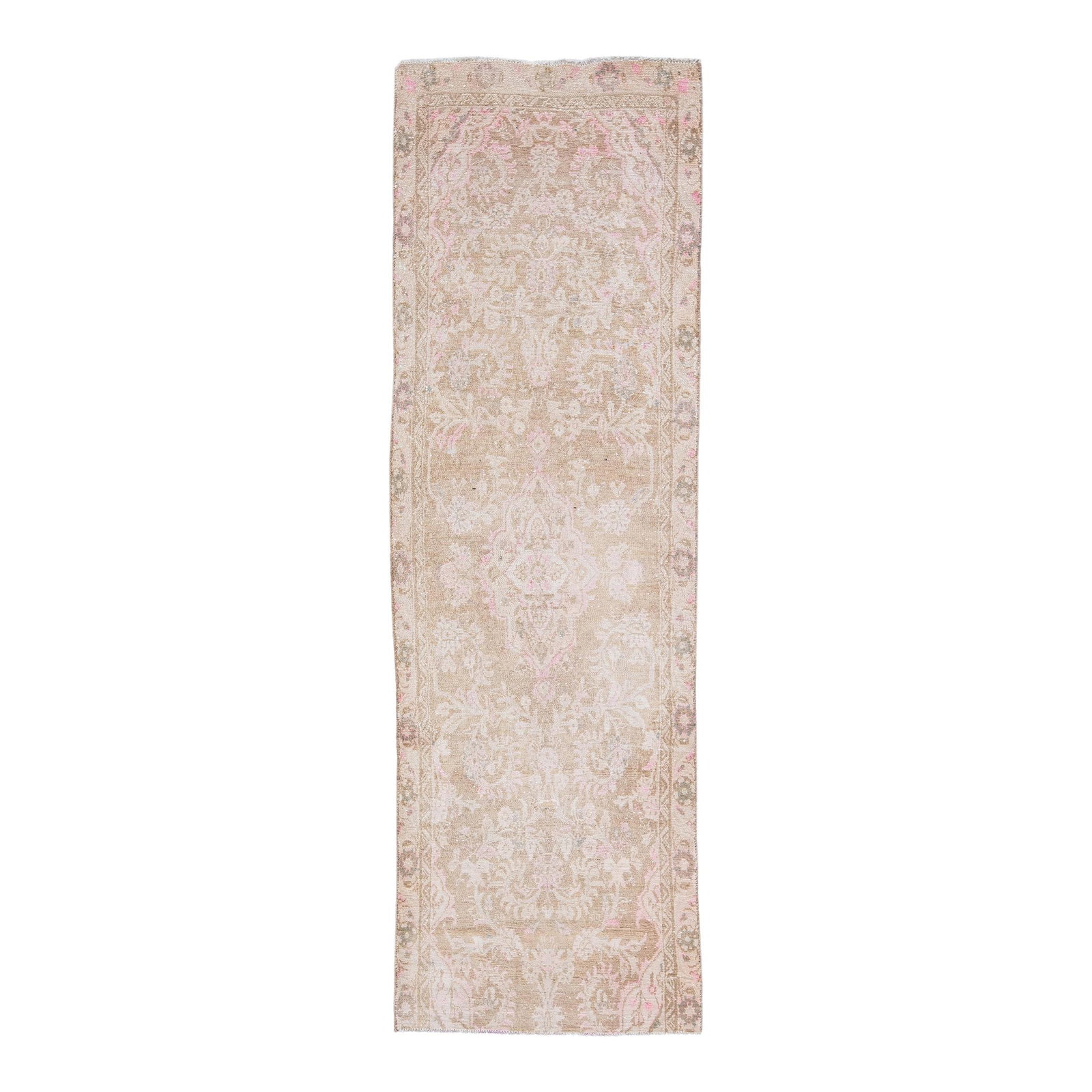Vintage Persian Hamadan Handmade Floral Wool Runner 2'8 x 8'7: Vintage Persian Hamadan Handmade Floral Wool Runner 2'8 x 8'7 This exquisite vintage Persian Hamadan wool runner features a charming shabby chic style with a warm brown field. Adorned with a delicate 