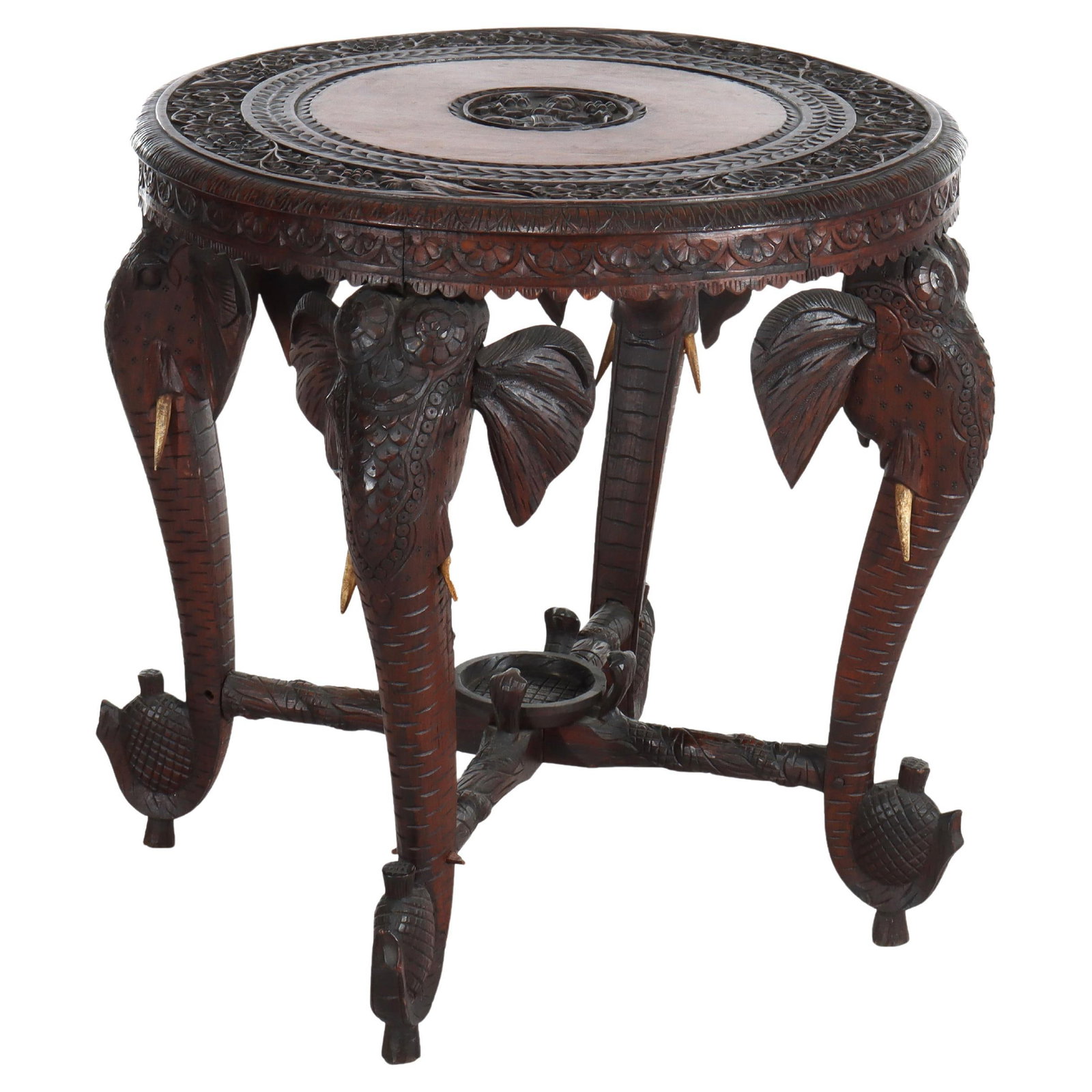 19th Century Antique Anglo Indian Rosewood Side Table with Elephants and Goddess Medallion: 19th Century Antique Anglo Indian Rosewood Side Table with Elephants and Goddess Medallion This exquisite 19th-century Anglo-Indian side table is a stunning example of craftsmanship, intricately carve