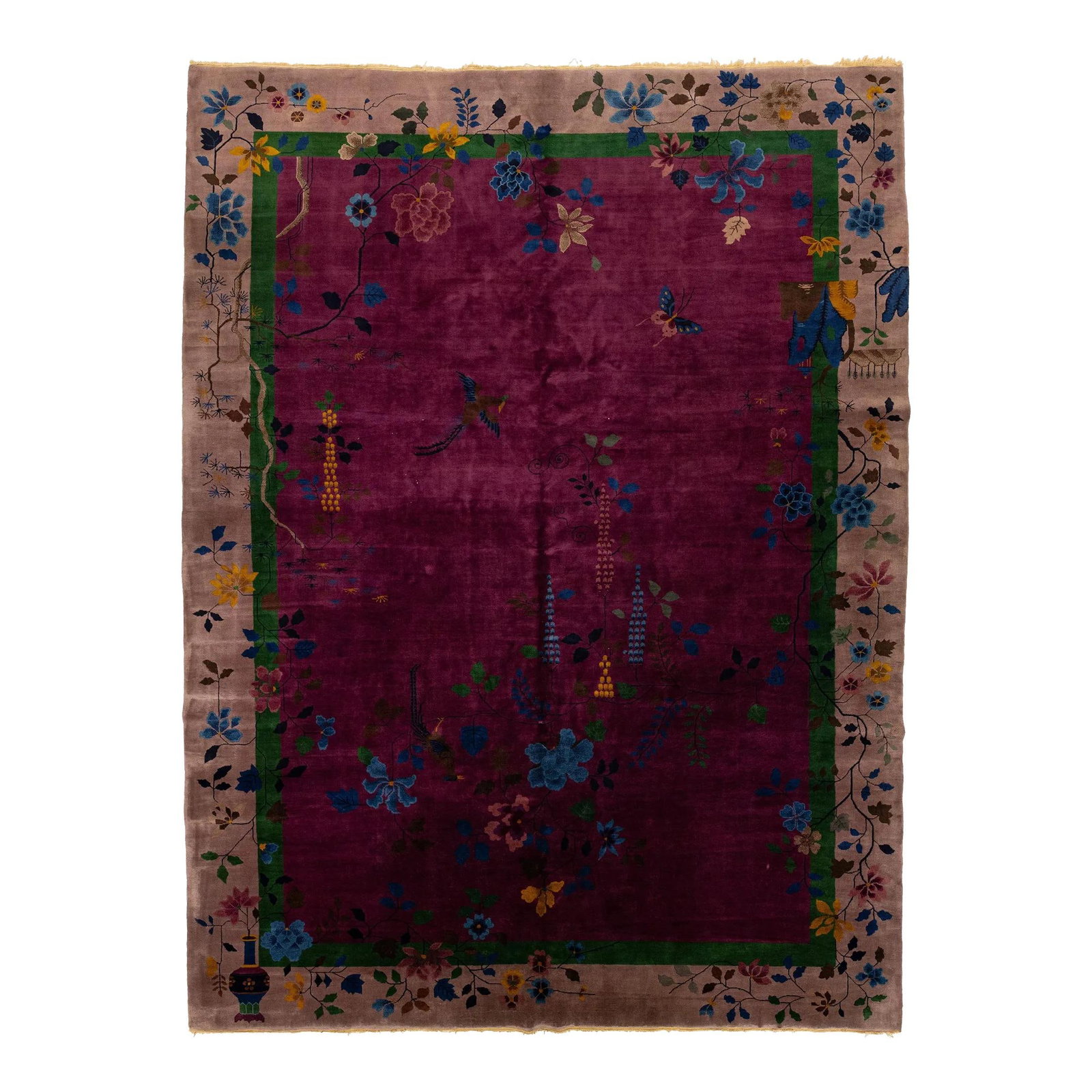 Handmade Antique Chinese Art Deco Purple Wool Rug 10'2 x 13'5 Floral Design: Handmade Antique Chinese Art Deco Purple Wool Rug 10'2 x 13'5 Floral Design This exquisite hand-knotted wool rug showcases a stunning Chinese Art Deco floral design. The vibrant multicolored hues are 