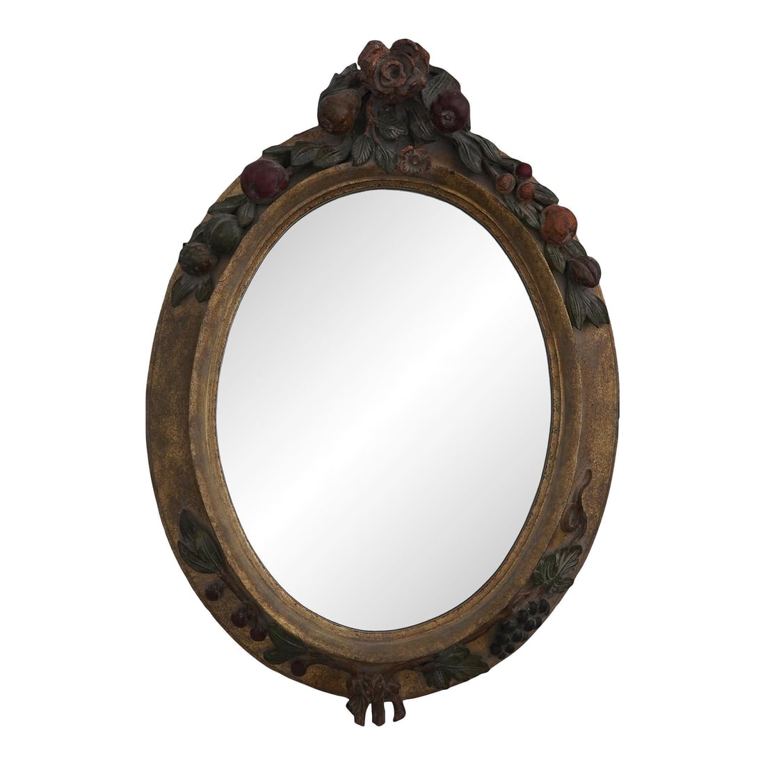 Entree by LaBarge Aged Dusted Fruit Wall Mirror 26x37 Gold: Entree by LaBarge Aged Dusted Fruit Wall Mirror 26x37 Gold This exquisite Entree by Labarge Designer Fruit Wall Mirror features a stunning beveled glass design with an aged 'dusted' finish that adds a