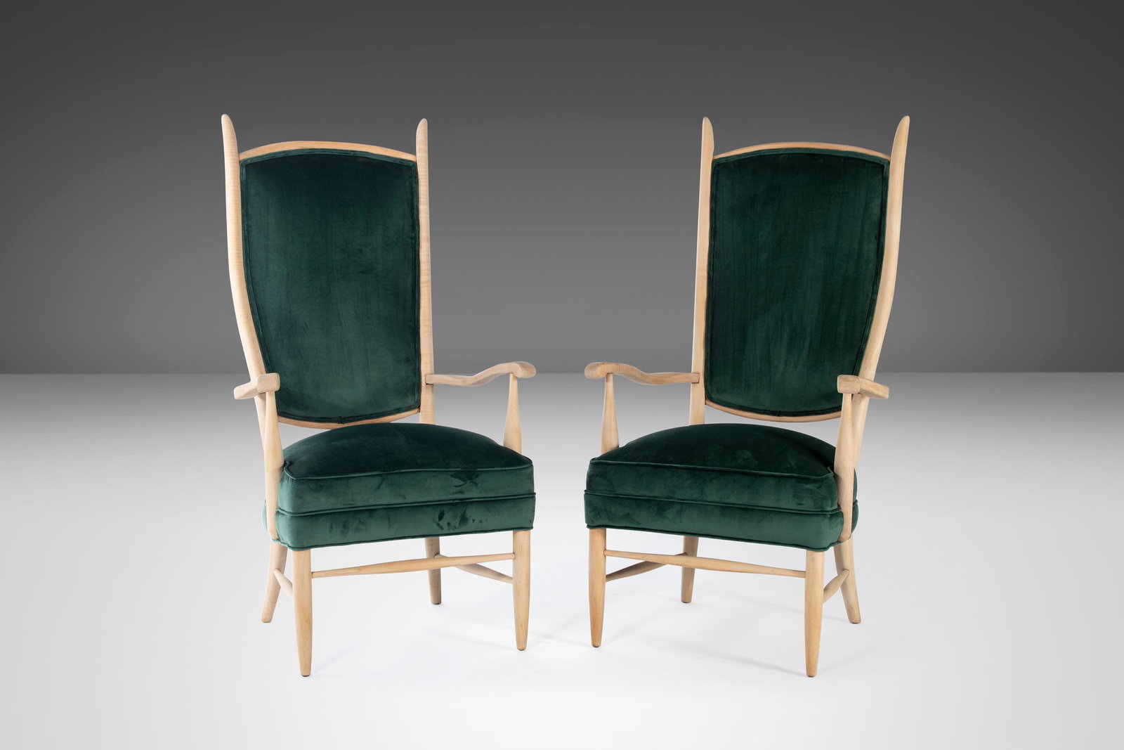 Mid-Century Modern Set of 2 Maxwell Royal High Back Chairs: Mid-Century Modern Set of 2 Maxwell Royal High Back Chairs This exquisite set of two high back upholstered chairs, crafted by Maxwell Royal in the USA during the 1950s, features a striking design with