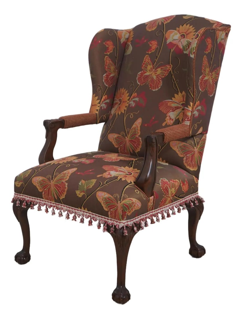 Wingback armchair with ball and claw feet floral upholstery (1 of 10)