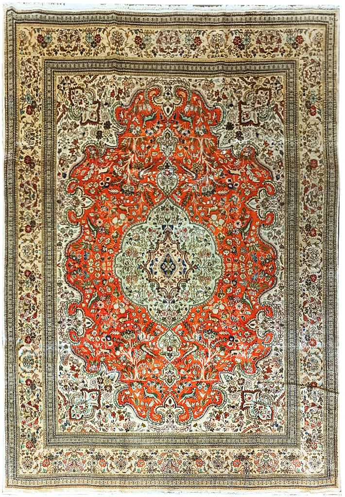 9 x 12.7 Coral Persian Tabriz Tabataba Rug with Birds and Trees: 9 x 12.7 Coral Persian Tabriz Tabataba Rug with Birds and Trees Free continental US Shipping Transform your living space with the stunning 9 x 12.7 Coral Happy Colors Persian Tabriz Tabataba Rug. Hand