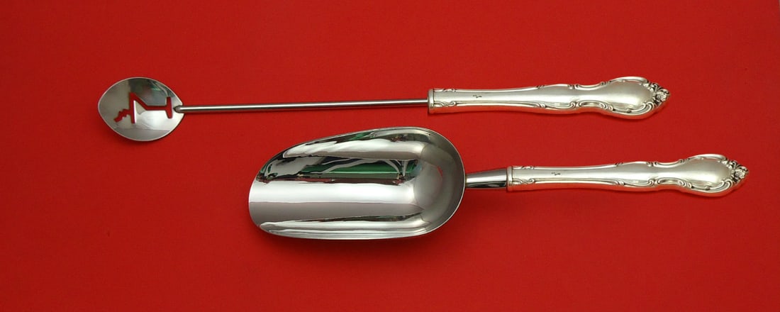 Alvin Pirouette Sterling Silver 2pc Bar Set Martini Spoon Ice Scoop: Alvin Pirouette Sterling Silver 2pc Bar Set Martini Spoon Ice Scoop Enhance your barware collection with this exquisite 2-piece bar set by Alvin, crafted from high-quality sterling silver. The set fea