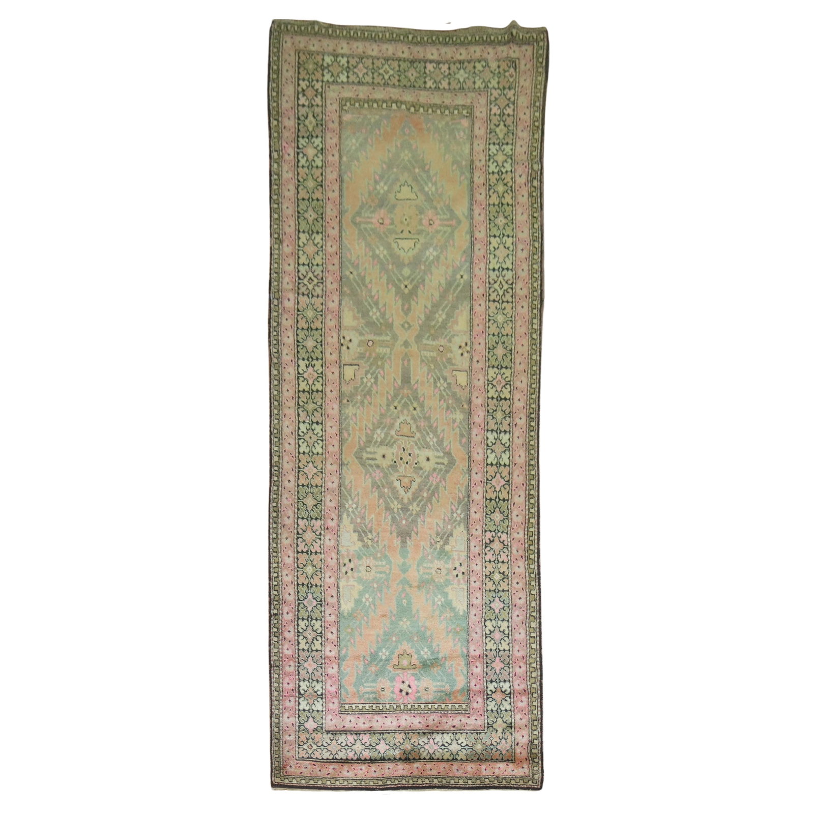 Zabihi Collection Vintage Wool Karabagh Runner 44x127 Pink Green: Zabihi Collection Vintage Wool Karabagh Runner 44x127 Pink Green Introducing a stunning Pink and Green Vintage Karabagh Runner from the Zabihi Collection. This exquisite piece features a unique Tibeta