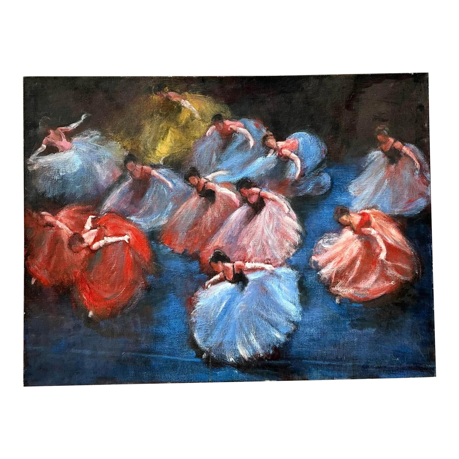 Vintage Boho Oil Painting Canvas Dancers in Movement 40x30: Vintage Boho Oil Painting Canvas Dancers in Movement 40x30 This vintage oil painting on canvas captures an elegant scene of dancers in flowing dresses, portrayed in a moment of graceful movement. The 
