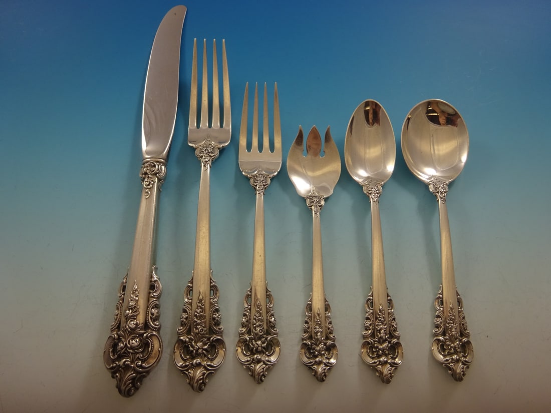 Grande Baroque Sterling Silver Flatware Set 51 Pcs for 8 by Wallace: Grande Baroque Sterling Silver Flatware Set 51 Pcs for 8 by Wallace Enhance your dining experience with the exquisite Grande Baroque by Wallace Sterling Silver Flatware Set. Crafted post-1940 in a stu