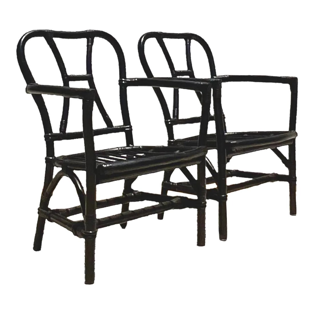 Vintage Coastal Black Rattan Lounge Chairs Pair American Style: Vintage Coastal Black Rattan Lounge Chairs Pair American Style Enhance your living area with this elegant pair of vintage Coastal lounge chairs, crafted from painted bent rattan. These American-style 