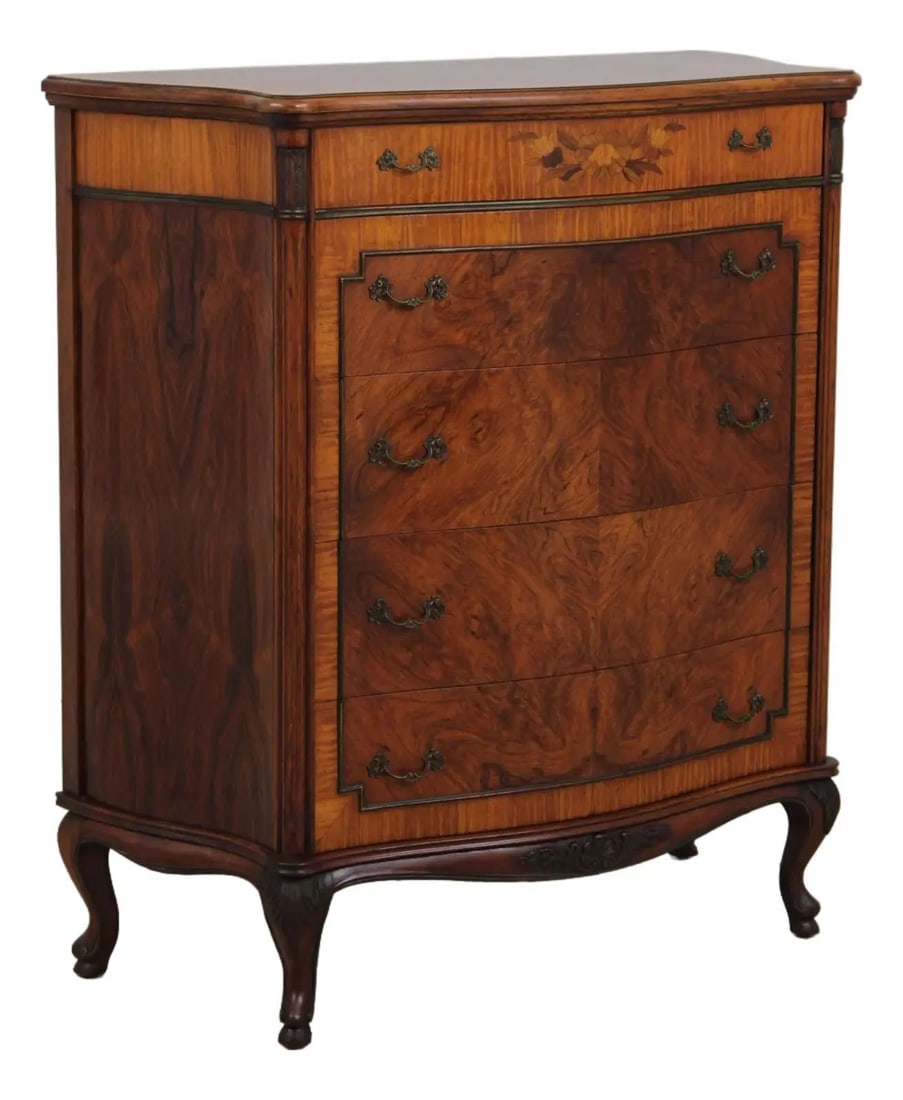 1930s French Style Walnut Marquetry Chest 5 Drawer (1 of 10)
