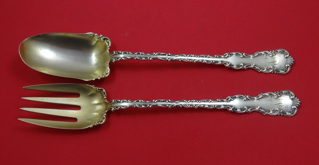 Whiting Louis XV Sterling Silver Salad Serving Set 2pc Gold Washed 12": Whiting Louis XV Sterling Silver Salad Serving Set 2pc Gold Washed 12" Presenting an exquisite Louis XV by Whiting Sterling Silver Salad Serving Set, featuring two pieces with elegantly designed flat 