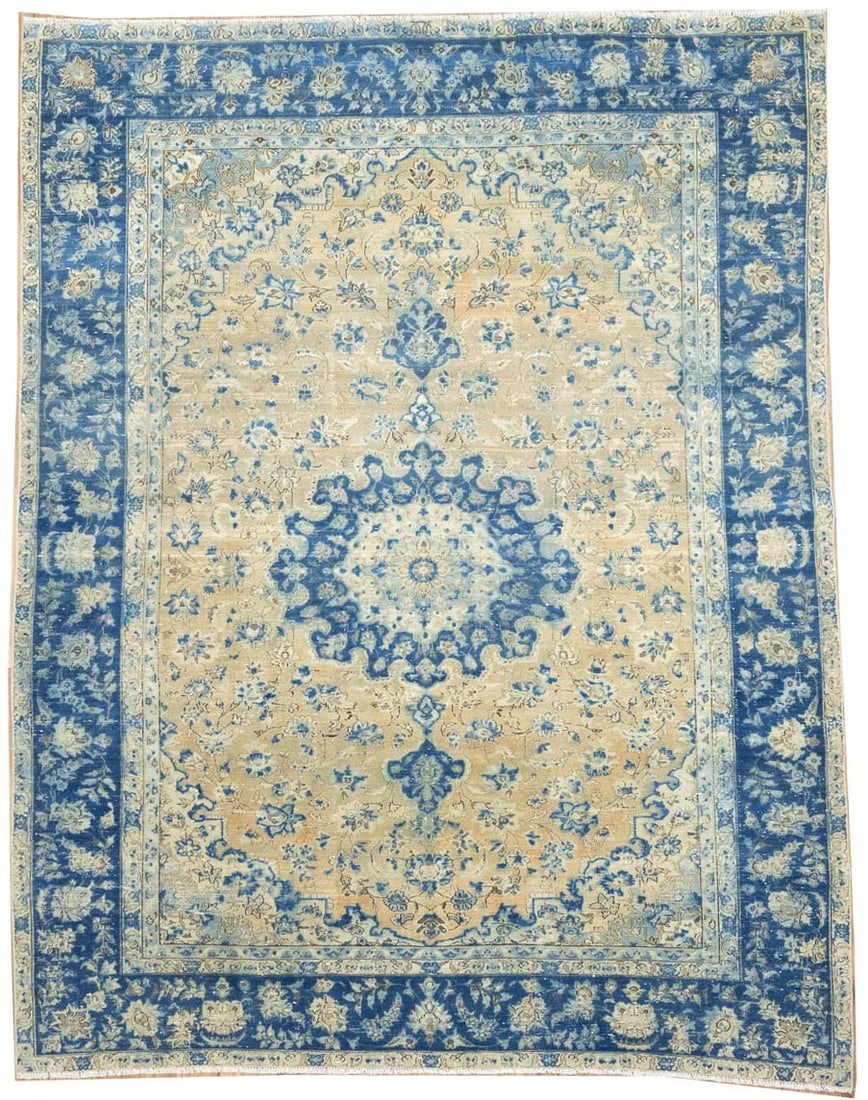 Hand Knotted Wool Floral Oriental Area Rug 8'11 x 11'5: Hand Knotted Wool Floral Oriental Area Rug 8'11 x 11'5 This semi-antique hand-knotted wool rug features a muted floral pattern in golden beige, navy blue, cream, and other subtle tones. Crafted in the