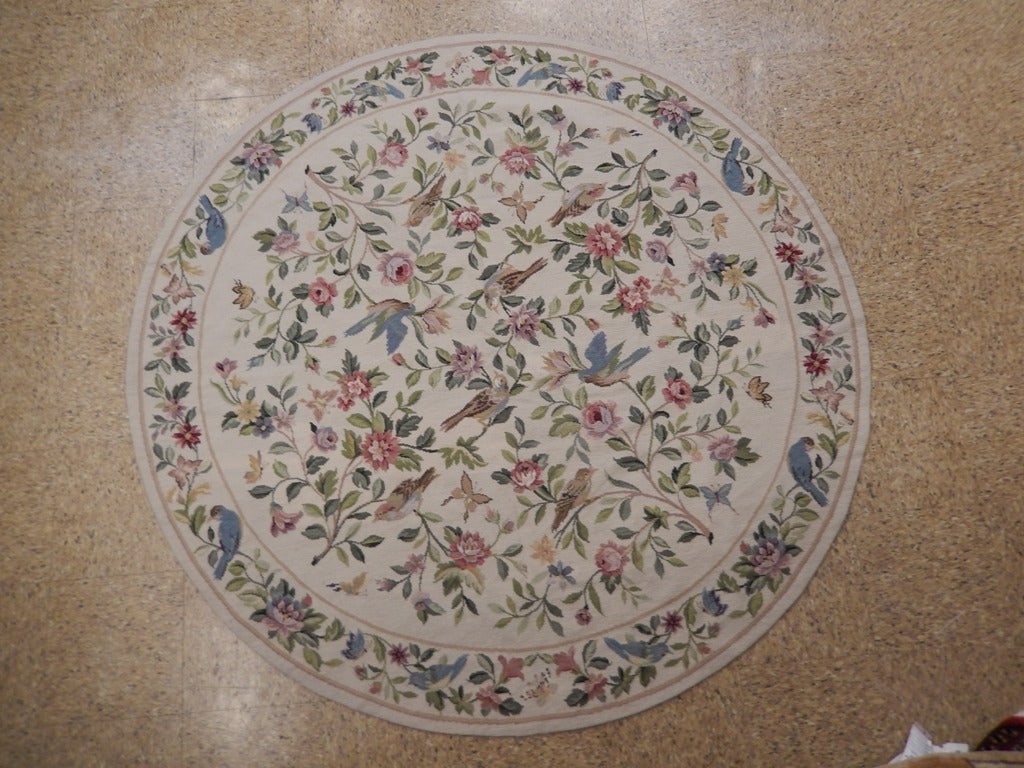 Elegant 6' x 6' Beige Needlepoint Area Rug Handcrafted in China: Elegant 6' x 6' Beige Needlepoint Area Rug Handcrafted in China Free continental US Shipping Enhance your home with this elegant 6' x 6' Beige Needlepoint French Rug, embodying classic French design. 