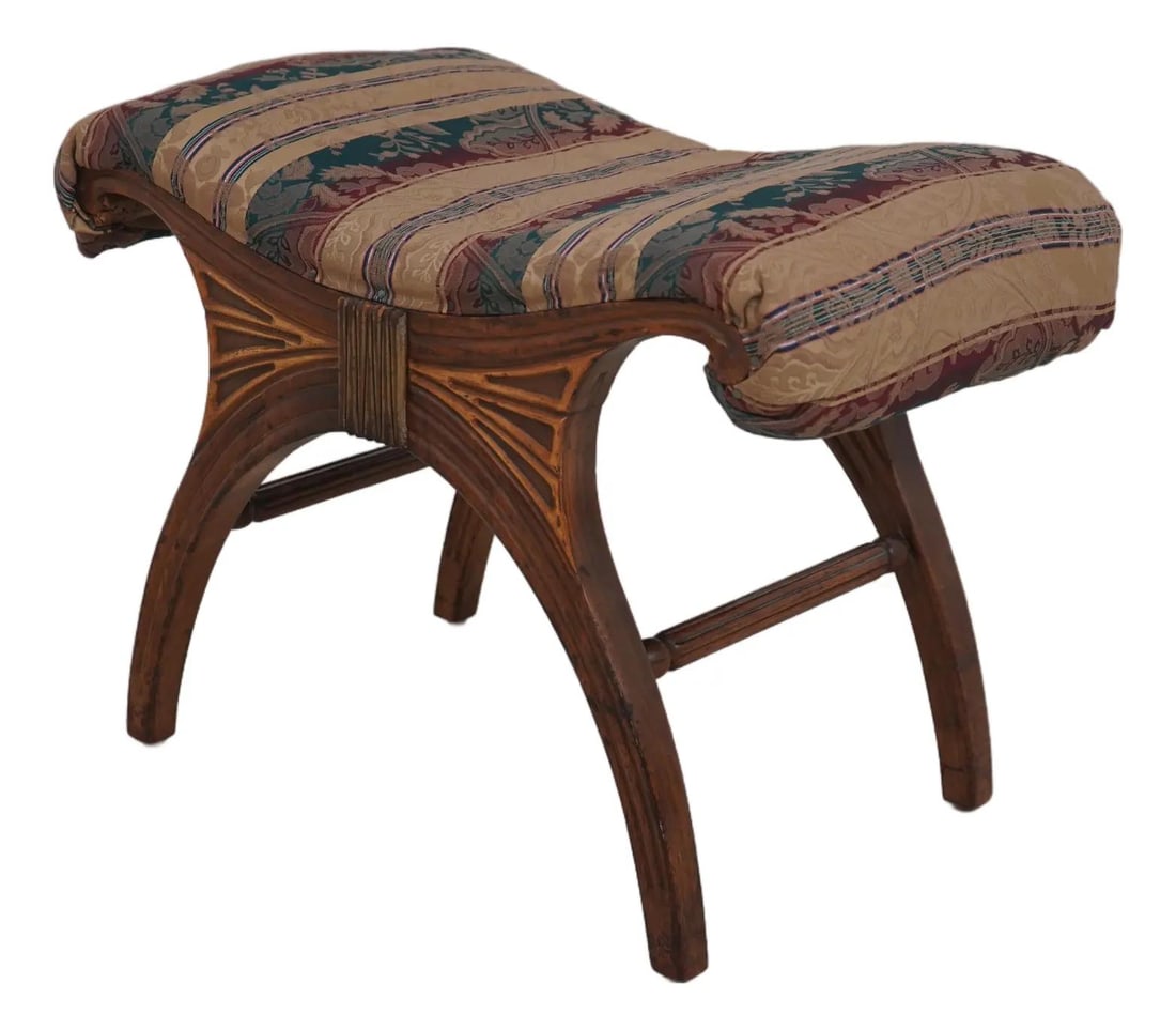 Vintage Mahogany Regency Curved X Frame Bench Italian Design: Vintage Mahogany Regency Curved X Frame Bench Italian Design Enhance your living space with this elegant Vintage Mahogany X Frame Regency Curved Bench. Crafted from high-quality mahogany, this bench s
