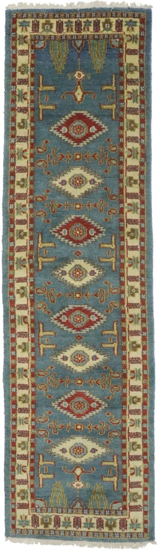 Hand-Knotted Wool Kazak Runner Rug Geometric Pattern 2'8 x 9'5: Hand-Knotted Wool Kazak Runner Rug Geometric Pattern 2'8 x 9'5 This vintage-style Kazak oriental runner rug features a hand-knotted wool construction with a geometric pattern in shades of blue, cream,