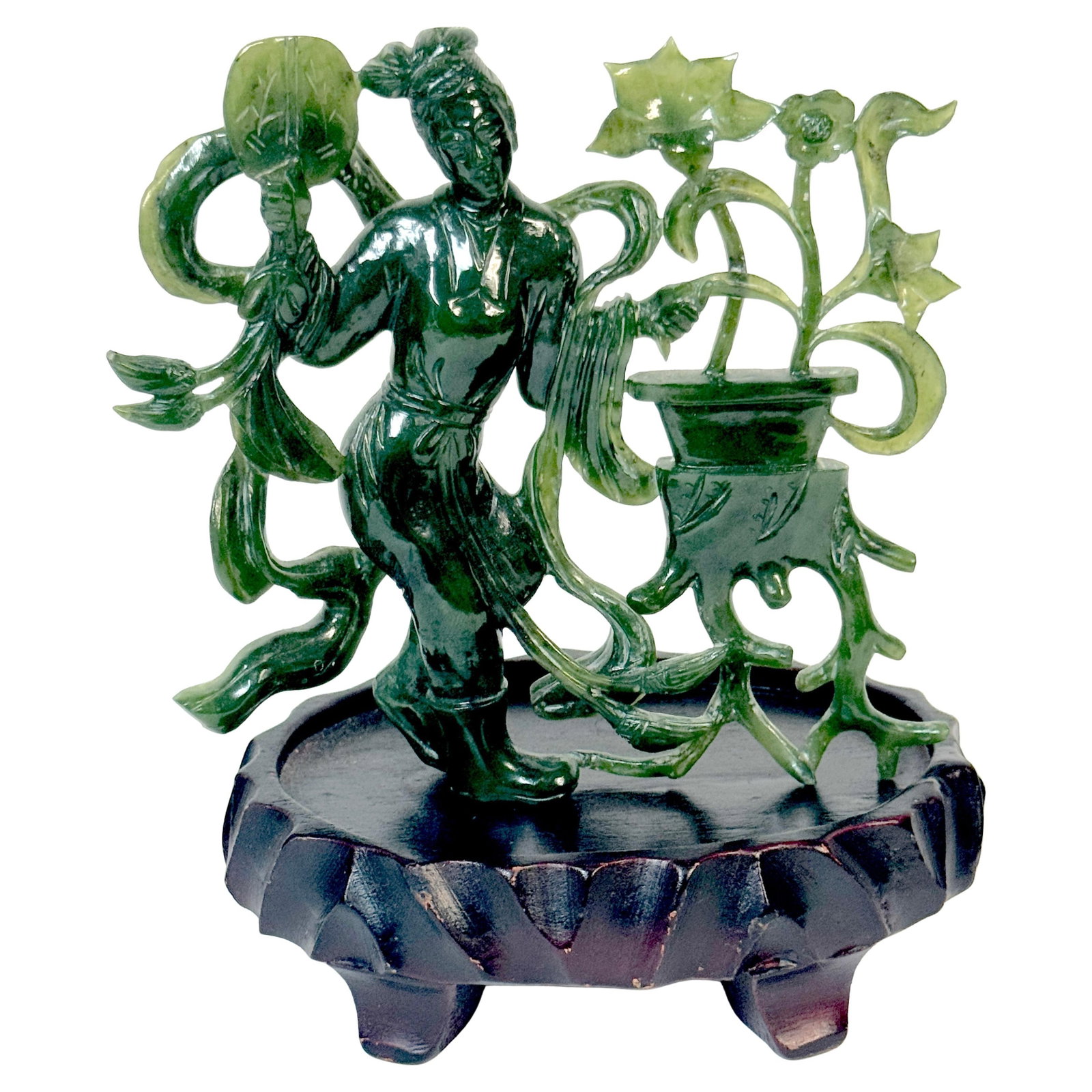 Mid-20th Century Chinese Spinach Jade Celestial Maiden with Lotus on Hardwood Stand: Mid-20th Century Chinese Spinach Jade Celestial Maiden with Lotus on Hardwood Stand This finely carved Chinese figure depicts a celestial maiden, sculpted from a single piece of deep green spinach nep