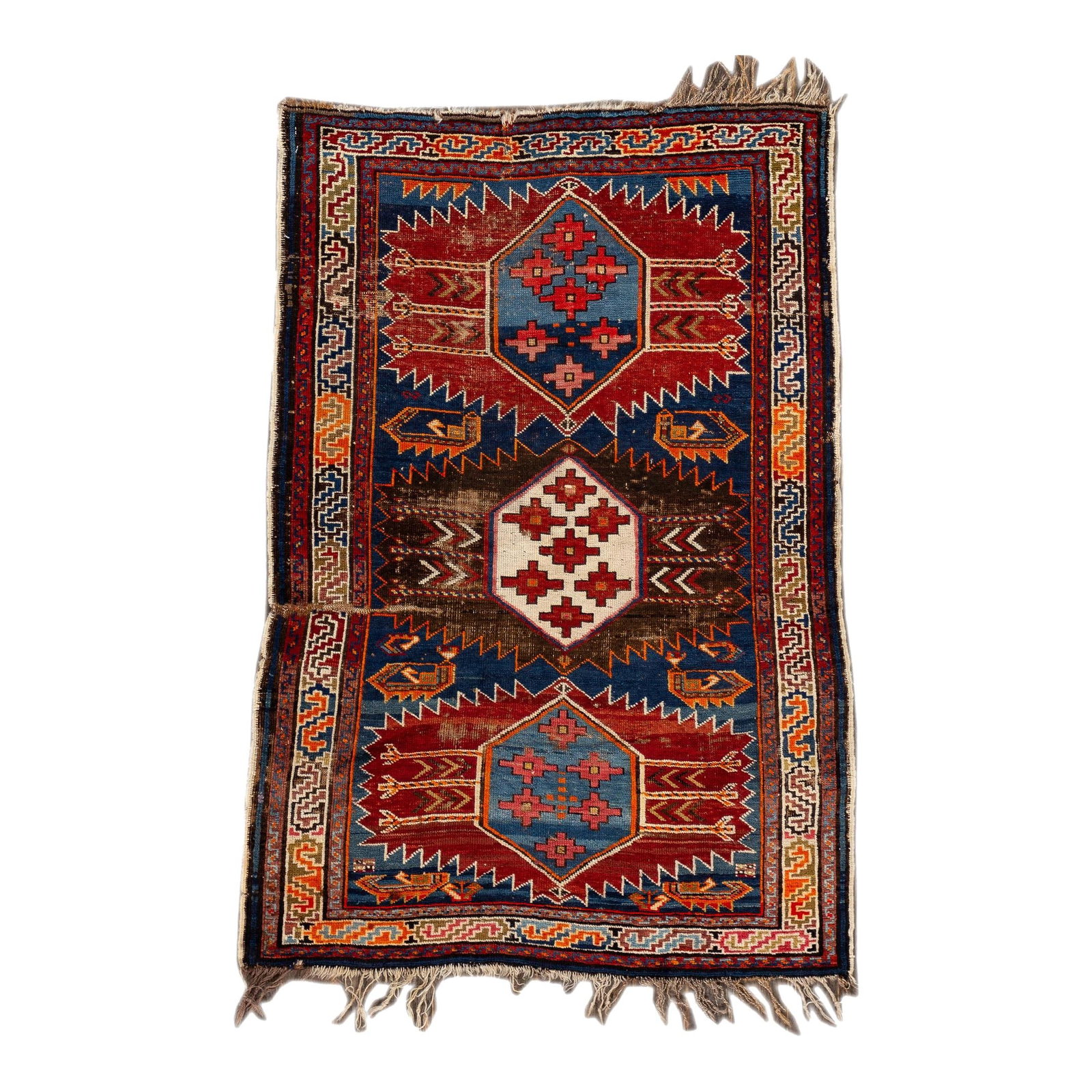 Vintage Persian Caucasian Handmade Wool Rug Blue Geometric Design 3'1 x 4'8: Vintage Persian Caucasian Handmade Wool Rug Blue Geometric Design 3'1 x 4'8 This stunning vintage Persian Caucasian rug showcases a beautifully distressed hand-knotted design in rich blue tones. The g