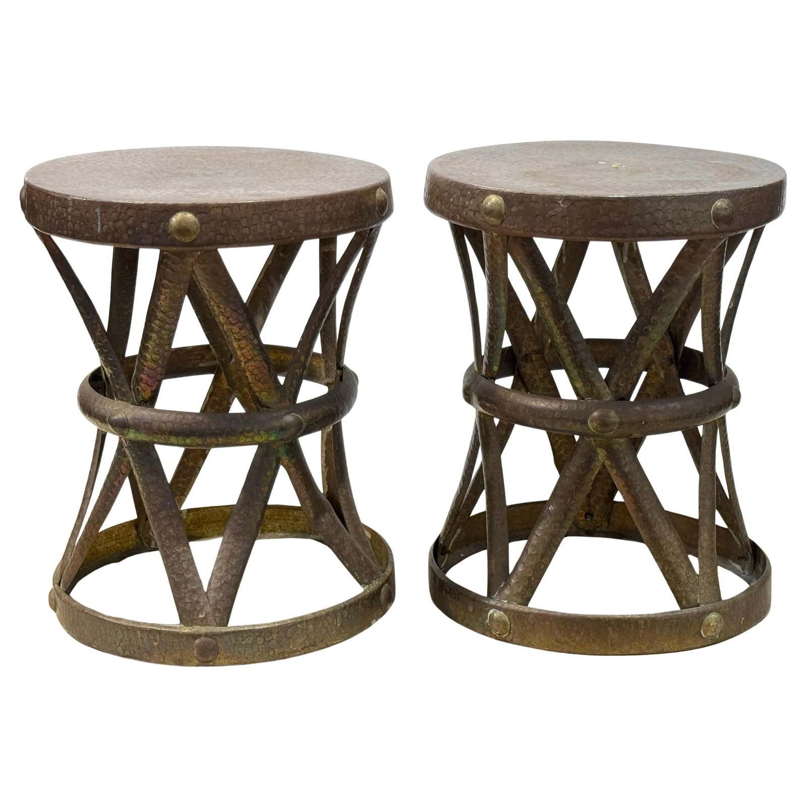 Set of Two Brass X-Base Stools Mid-Century Modern Spain 1960s: Set of Two Brass X-Base Stools Mid-Century Modern Spain 1960s This pair of Mid-Century Modern stools, crafted by Sarreid in Spain circa 1960s, features a sculptural design with intersecting X-shaped s