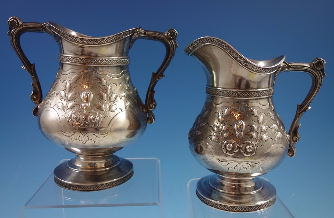 Duhme sterling silver 2-piece sugar bowl and creamer floral repoussed chased (1 of 5)