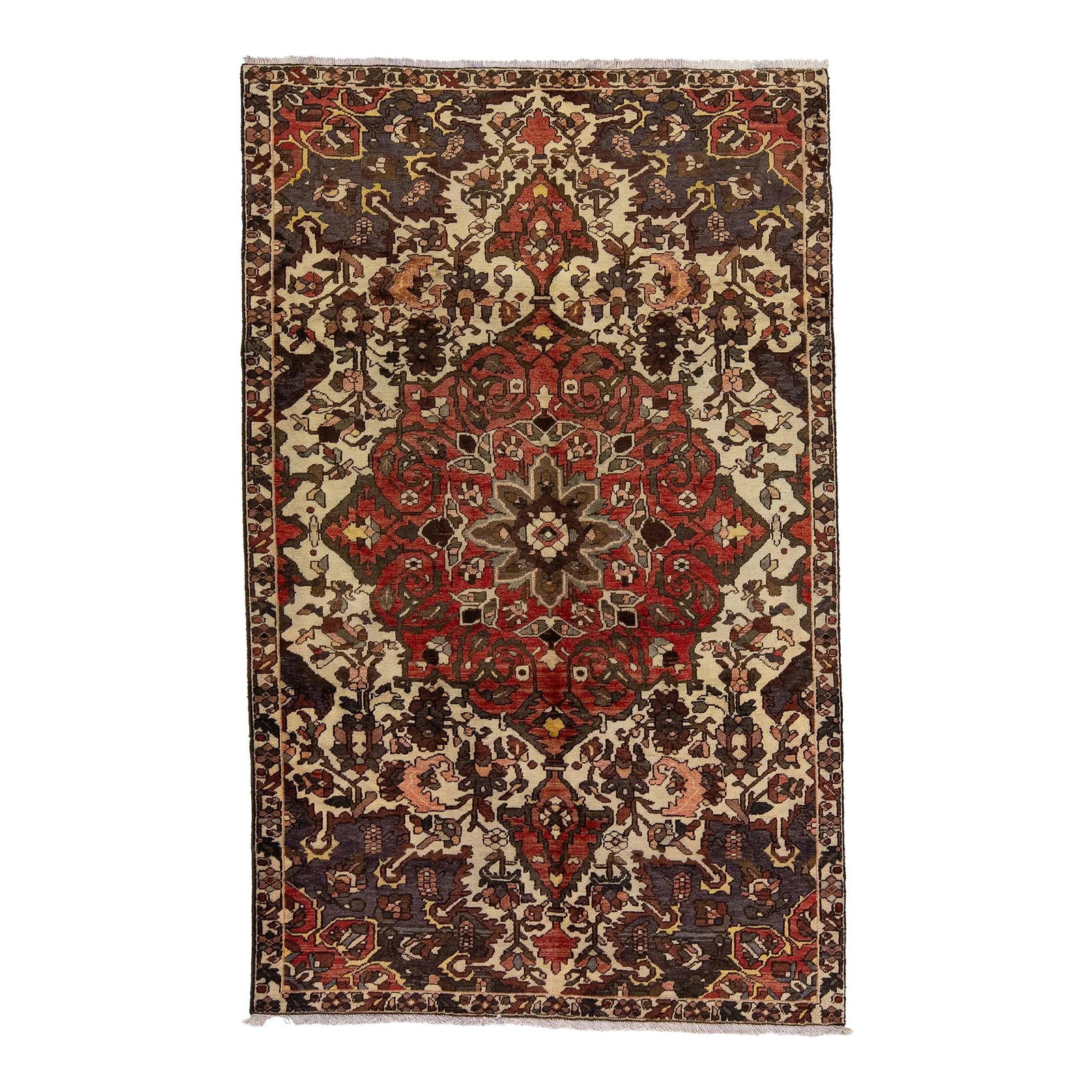 Vintage Persian Bakhtiari Wool Rug Red Medallion 5 x 8.2: Vintage Persian Bakhtiari Wool Rug Red Medallion 5 x 8.2 This vintage Persian Bakhtiari rug features a striking red field adorned with multi-color accents arranged in an intricate all-over medallion d
