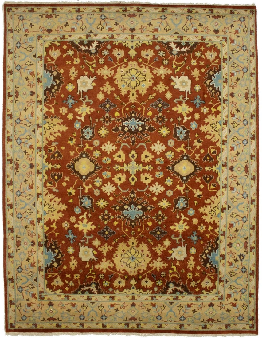 Modern Floral Wool Area Rug 7'10 x 10'1 Hand-Knotted Orange India Carpet: Modern Floral Wool Area Rug 7'10 x 10'1 Hand-Knotted Orange India Carpet This vintage hand-knotted oriental rug features a striking floral pattern in rust orange, vanilla cream, brown, and blue-gray t