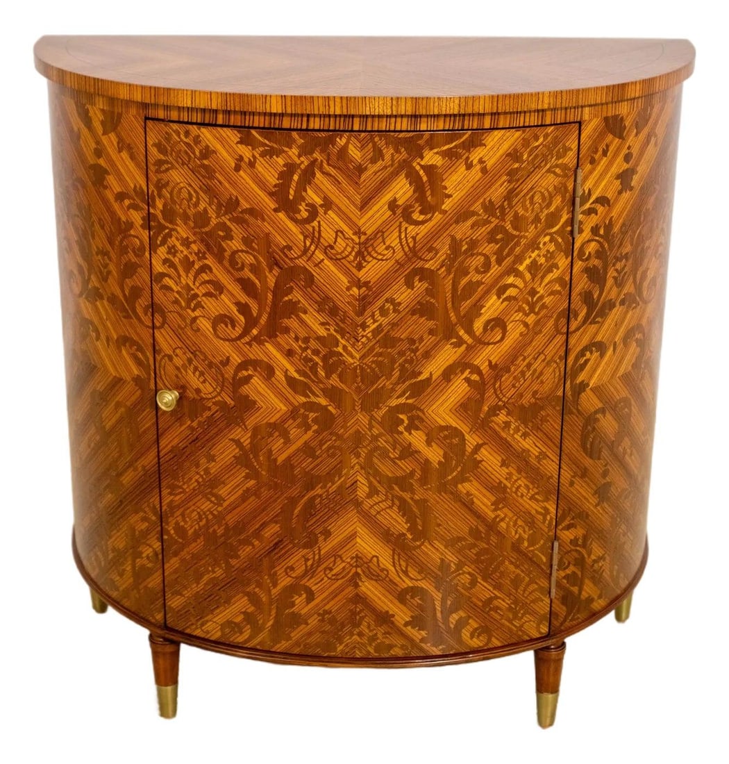 Theodore Alexander Inlaid Demilune Chest with Brass Hardware: Theodore Alexander Inlaid Demilune Chest with Brass Hardware This exquisite Theodore Alexander Inlaid Demilune Commode Chest showcases fine craftsmanship and elegant design. With its beautiful floral 