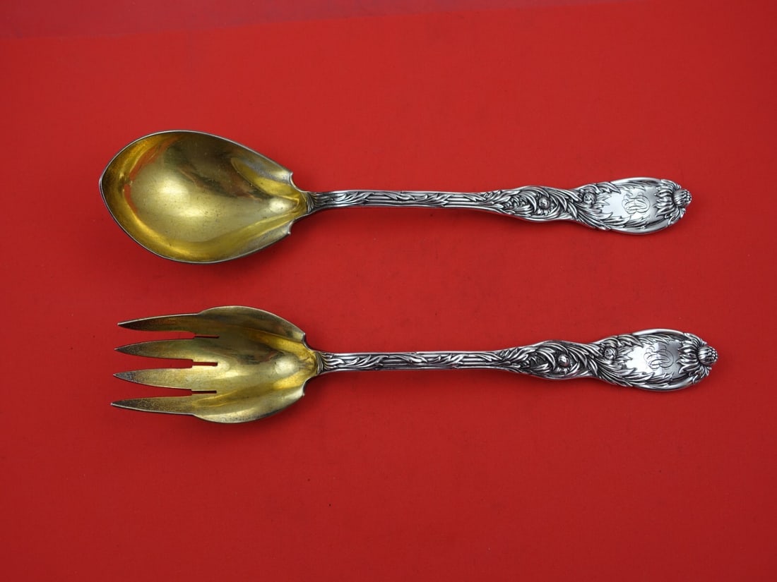 Sterling Silver Salad Serving Set Chrysanthemum Pattern by Tiffany 10 1/2 Inch (1 of 3)