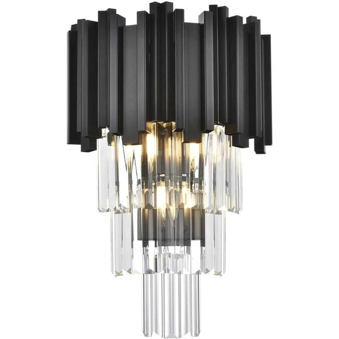 Willow Black and Clear Crystal Wall Sconce with Three Lights 17.8 Inch Tall: Willow Black and Clear Crystal Wall Sconce with Three Lights 17.8 Inch Tall This modern black wall sconce features three lights and a striking design with clear royal cut crystals. Designed for indoor