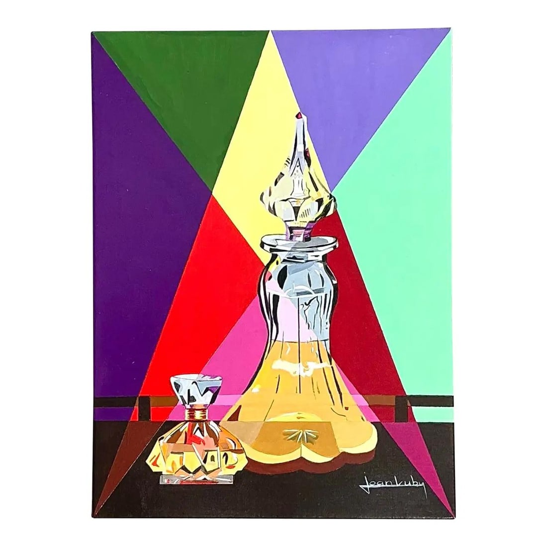 Joan Luby still life canvas painting 11 x 15: Joan Luby still life canvas painting 11 x 15 This original oil painting by Joan Luby features a faceted crystal decanter and a petite perfume bottle, arranged in a sophisticated still life composition