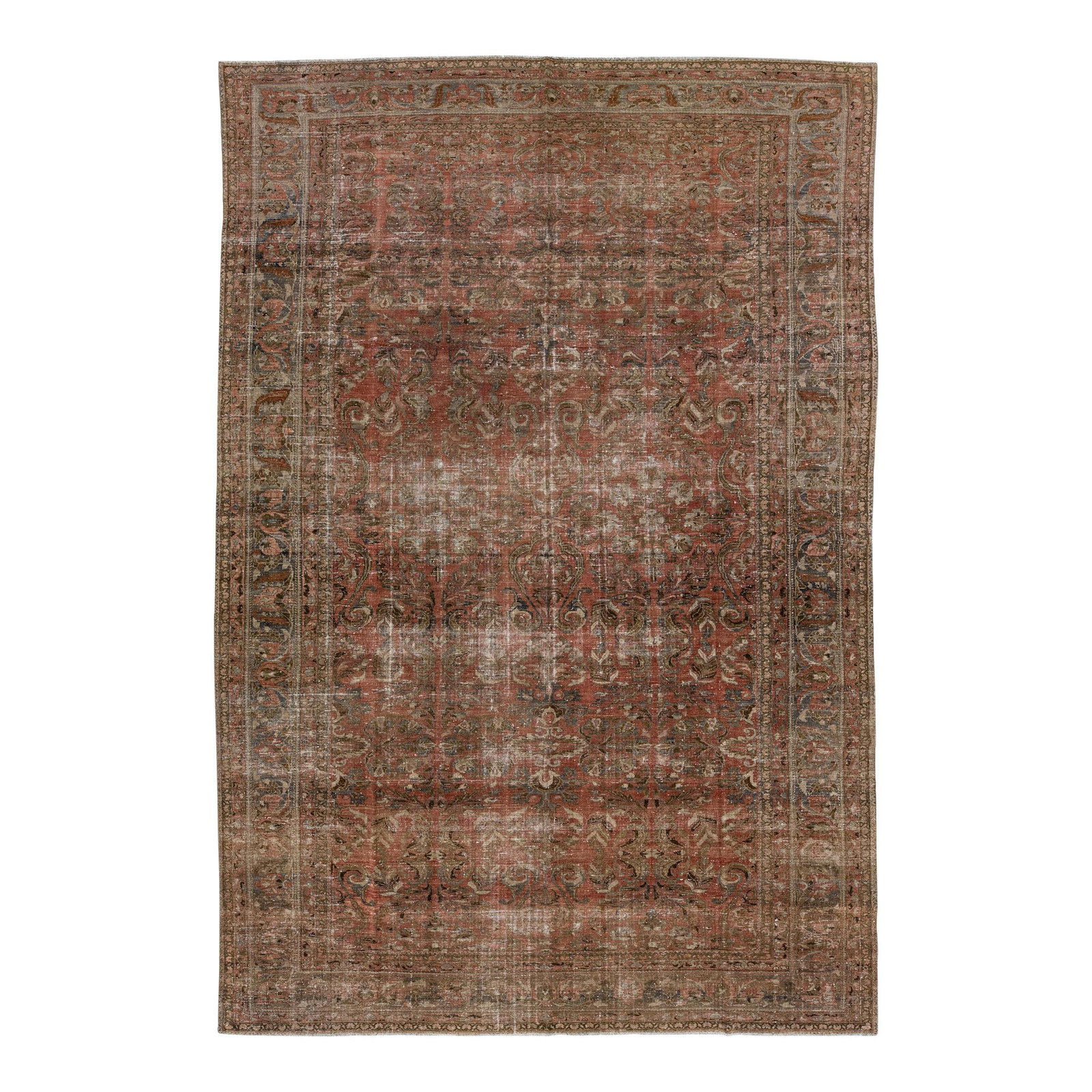 Antique Handmade Persian Malayer Wool Rug 10'2 x 15'3 Floral Design: Antique Handmade Persian Malayer Wool Rug 10'2 x 15'3 Floral Design This exquisite Antique Malayer rug features a hand-knotted wool construction, showcasing a stunning red-rust color field complemente
