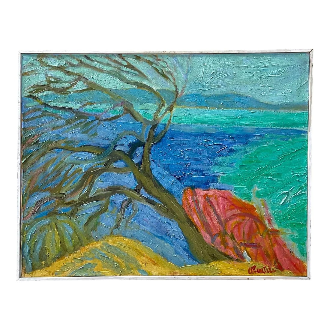 Vintage Boho Signed Abstract Expressionist Landscape Oil Painting: Vintage Boho Signed Abstract Expressionist Landscape Oil Painting This stunning vintage Boho original oil painting on canvas showcases a chic landscape in a vibrant Abstract Expressionist style. The a