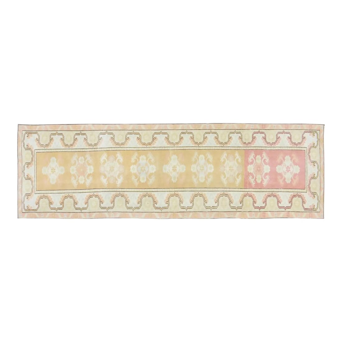 Turkish Anatolian Wool Runner Rug Yellow Hand Knotted 2'7" x 9'2" Vintage 1960s: Turkish Anatolian Wool Runner Rug Yellow Hand Knotted 2'7" x 9'2" Vintage 1960s This vintage Turkish Anatolian runner rug features a hand-knotted construction, natural colors, and a soft texture. The 