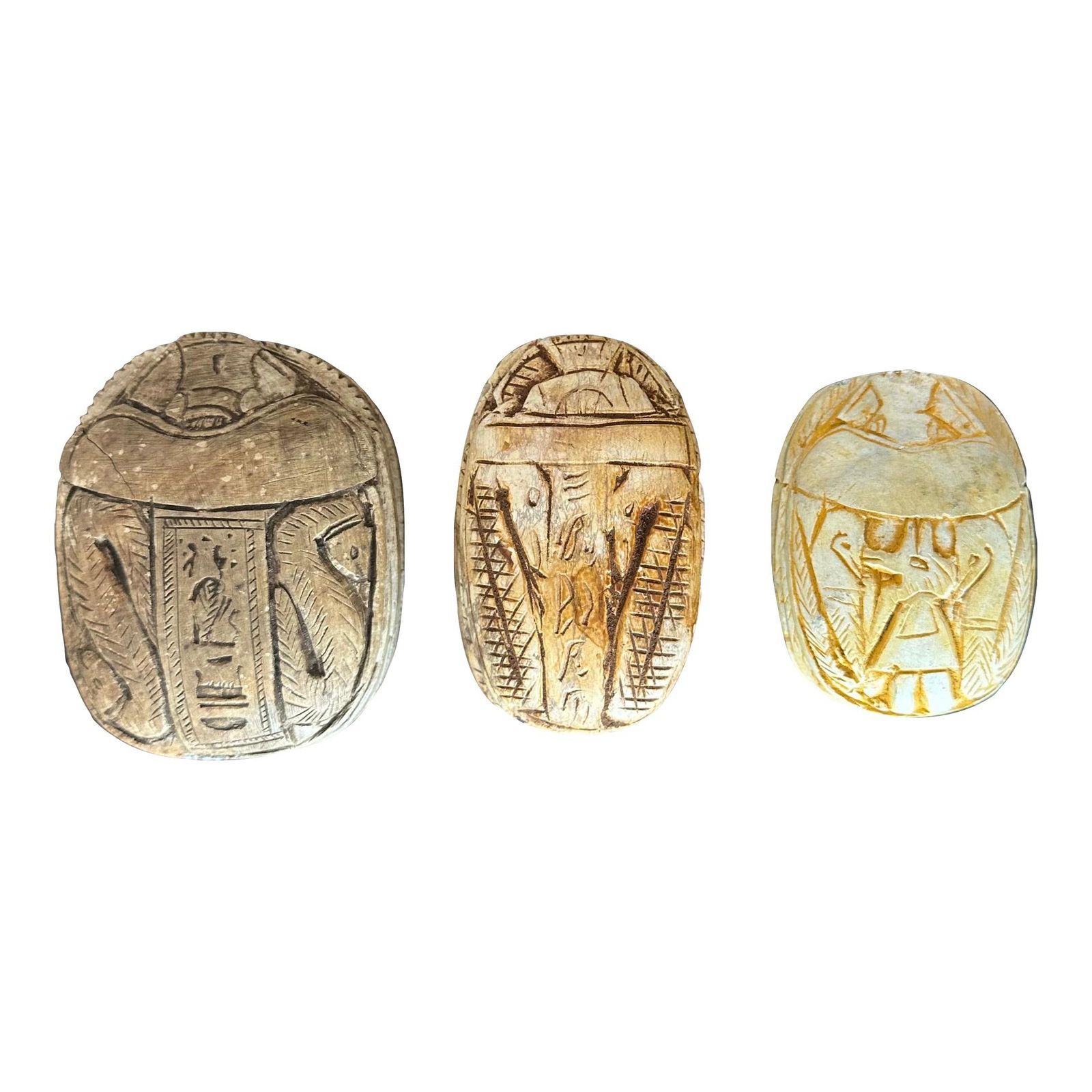 Set of 3 Vintage Boho Carved Egyptian Scarabs in Camel Color: Set of 3 Vintage Boho Carved Egyptian Scarabs in Camel Color Enhance your home decor with this charming set of three vintage Boho carved Egyptian scarabs. Each piece showcases intricate craftsmanship 