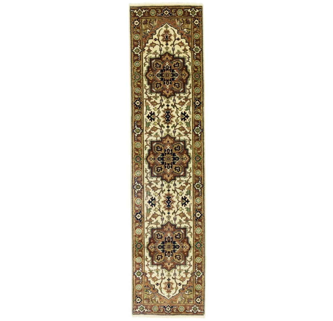 3x10 Vintage Heriz Serapi Runner Rug Hand-Knotted Wool Geometric Design: 3x10 Vintage Heriz Serapi Runner Rug Hand-Knotted Wool Geometric Design Enhance your space with this stunning 3x10 Vintage Heriz Serapi Runner Rug, a perfect blend of modern and tribal design. Hand-kn