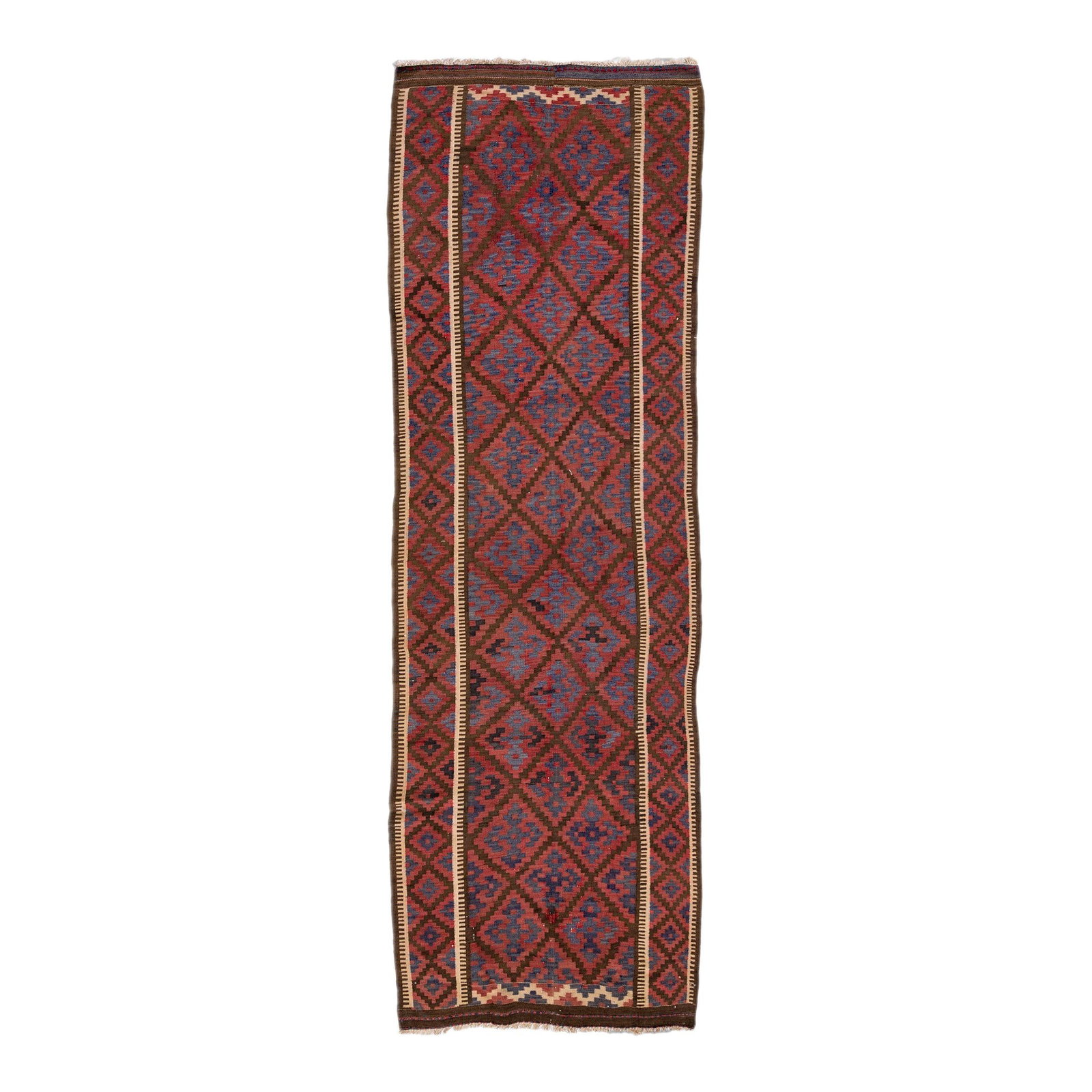 Vintage Turkish Kilim Blue Wool Runner Geometric Design 3'7" x 12'02": Vintage Turkish Kilim Blue Wool Runner Geometric Design 3'7" x 12'02" This stunning vintage Turkish Kilim runner features a vibrant blue field adorned with a striking all-over geometric tribal design.