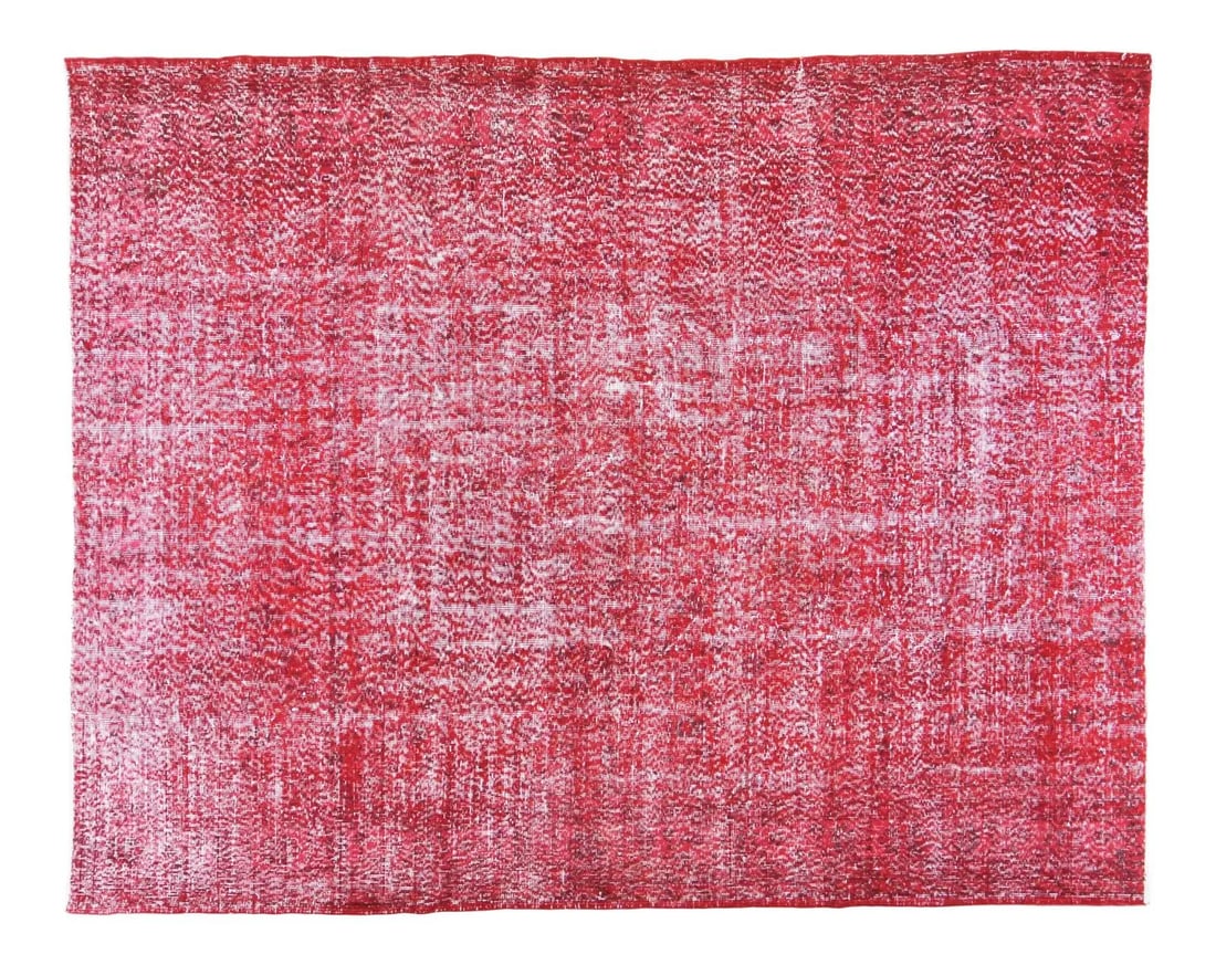 7'x8'8" Hand Knotted Anatolian Wool Rug in Overdyed Red: 7'x8'8" Hand Knotted Anatolian Wool Rug in Overdyed Red This vintage Turkish Anatolian overdyed rug features a hand-knotted construction with organic wool and natural colors. The fine weave highlights