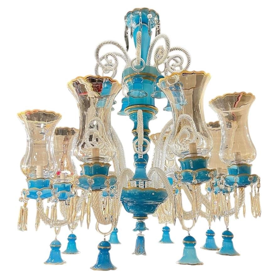 French Bohemian Blue Opaline Chandelier with Gilt and Crystal Drops (1 of 12)