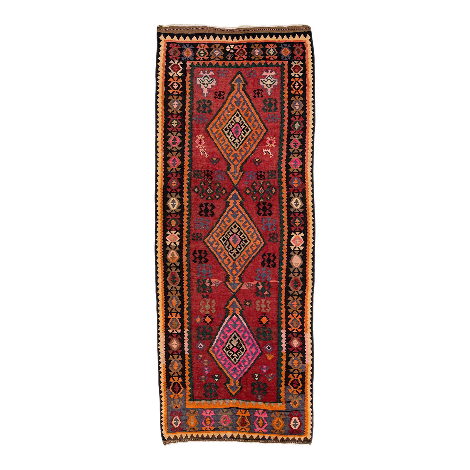 Vintage Turkish Kilim Wool Runner Multicolor Tribal Design 5'5 x 13'10: Vintage Turkish Kilim Wool Runner Multicolor Tribal Design 5'5 x 13'10 This stunning vintage Turkish Kilim runner showcases a beautifully hand-knotted wool construction, featuring a gray field complem