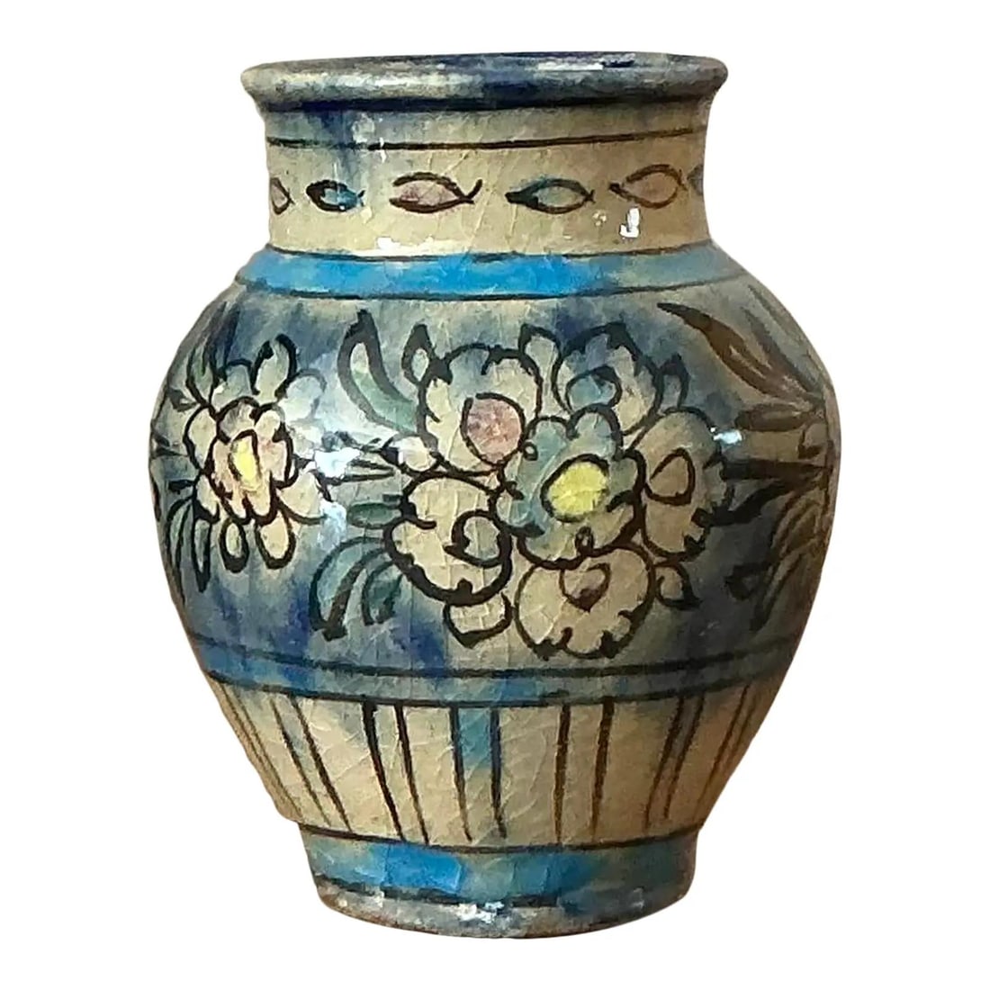 Hand-Painted Vintage Boho Crackle Glaze Pottery Vase: Hand-Painted Vintage Boho Crackle Glaze Pottery Vase Enhance your home decor with this enchanting vintage Boho crackle glaze vase. This hand-painted ceramic piece features a classic baluster shape ado