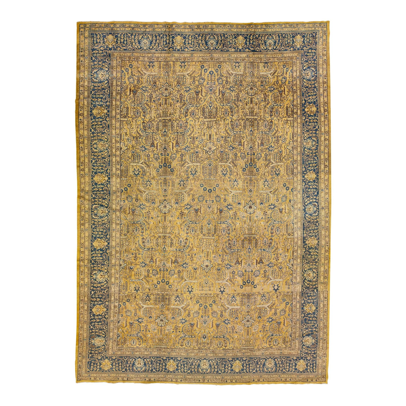 1920s Antique Tabriz Yellow Floral Wool Persian Rug 12' x 16'10: 1920s Antique Tabriz Yellow Floral Wool Persian Rug 12' x 16'10 This exquisite antique Tabriz rug from the 1920s features a stunning yellow field adorned with a traditional floral design. Hand-knotted