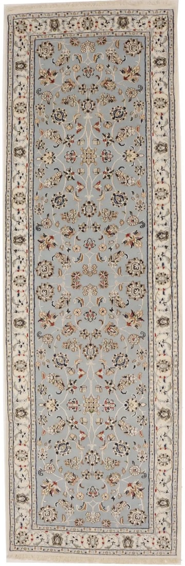 Indo Nain Floral Wool Silk Runner Rug 2'7 x 8'1: Indo Nain Floral Wool Silk Runner Rug 2'7 x 8'1 This light blue-gray and cream floral runner rug features a traditional Indo-Nain design, hand-knotted from a blend of wool and silk. Its high pile and 