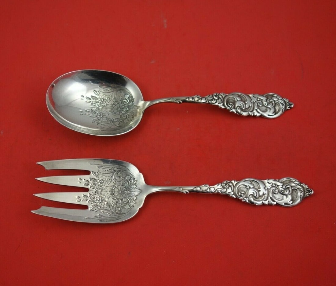 2pc Sterling Silver Salad Servers Amston Gladstone Embossed Floral (1 of 3)
