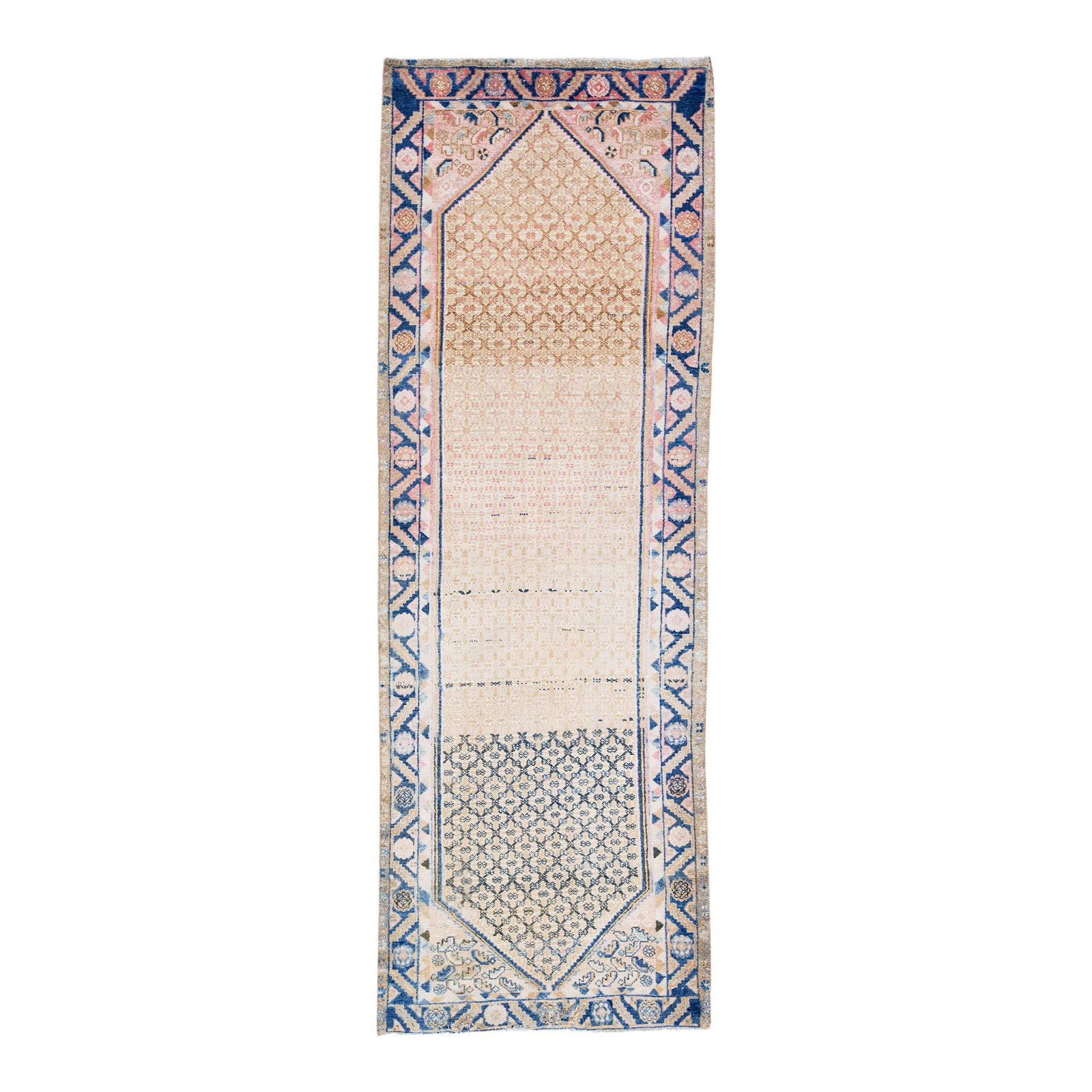 Vintage Persian Hamadan Wool Runner 3'3 x 9'6 Beige Shabby Chic: Vintage Persian Hamadan Wool Runner 3'3 x 9'6 Beige Shabby Chic Elevate your decor with this stunning vintage Persian Hamadan wool runner, featuring a charming shabby chic design. The rug showcases a 