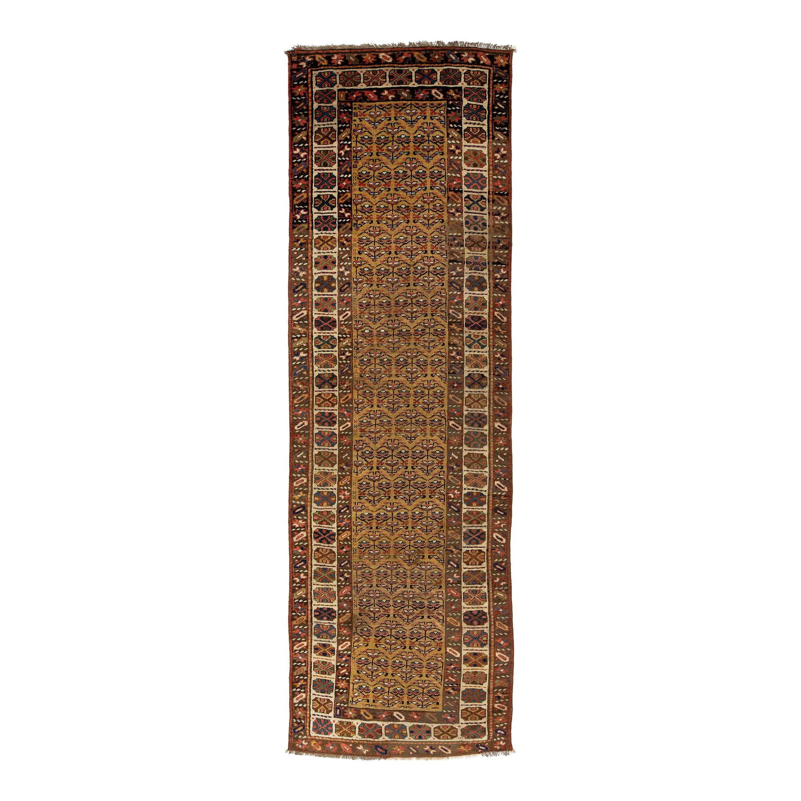 Handmade Persian Malayer Wool Runner Tan 3'10 x 12'2 Allover Pattern: Handmade Persian Malayer Wool Runner Tan 3'10 x 12'2 Allover Pattern Enhance your space with this exquisite 20th-century handmade Persian Malayer wool runner. The rug showcases a warm tan field adorne