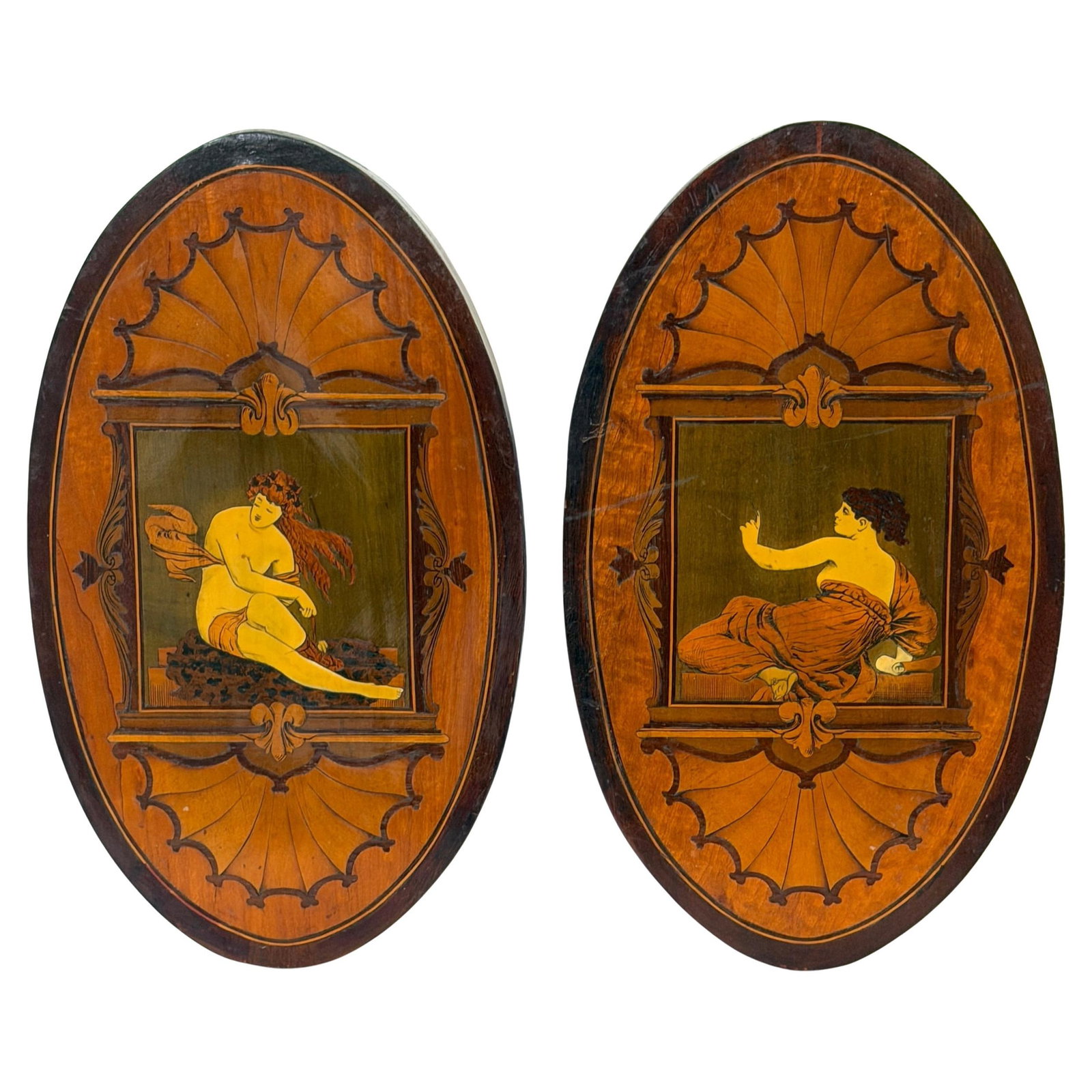 Set of Two English Aesthetic Movement Marquetry Muse Wall Plaques 19th Century: Set of Two English Aesthetic Movement Marquetry Muse Wall Plaques 19th Century This pair of late 19th-century English marquetry plaques features classical muses, crafted during the Aesthetic Movement 