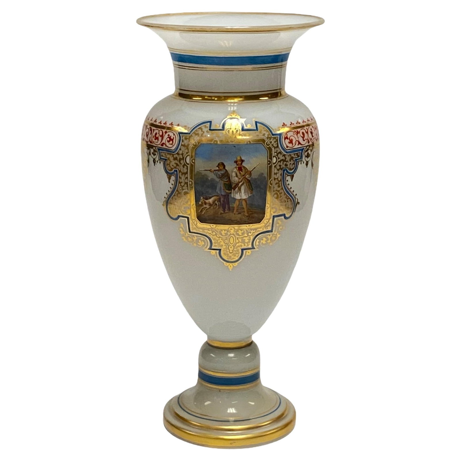 19th Century French white opaline vase with painted hunting motif: 19th Century French white opaline vase with painted hunting motif Fine French white opaline glass vase featuring a painted hunting scene. It is a 19th-century piece from France, made of blown glass, a